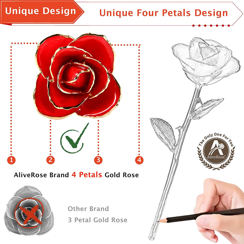 Valentines Day Gift Rose, Long Stem Rose Made from 24K Gold Dipped Real Rose Gift for Her Rose(Red with Crystal Vase)